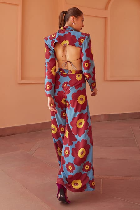 Shop_ZiP by Payal & Zinal_Maroon Crepe Embroidery Aster Floral Print Crop Blazer With Pant _at_Aza_Fashions