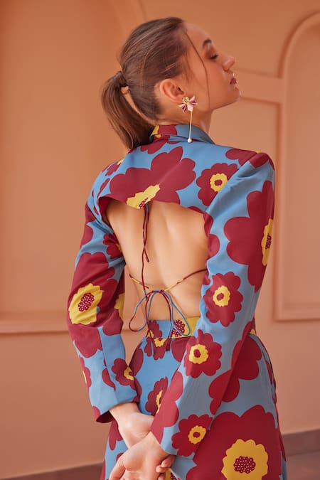 ZiP by Payal & Zinal_Maroon Crepe Embroidery Aster Floral Print Crop Blazer With Pant _Online_at_Aza_Fashions