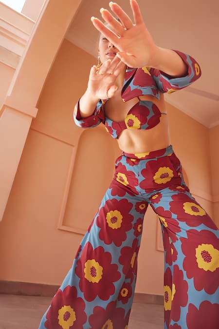 Buy_ZiP by Payal & Zinal_Maroon Crepe Embroidery Aster Floral Print Crop Blazer With Pant _Online_at_Aza_Fashions