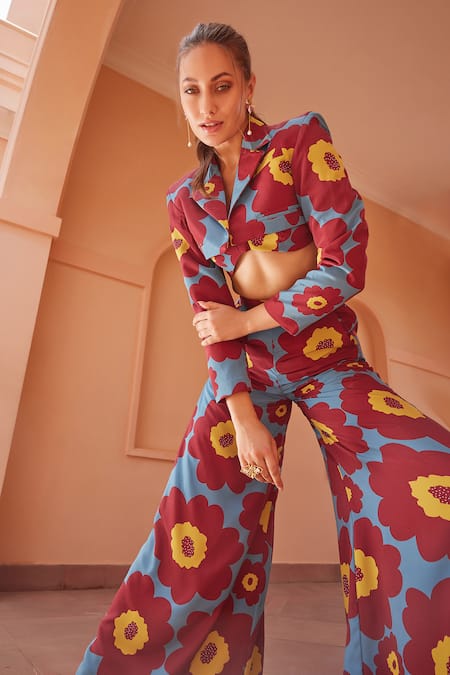 Shop_ZiP by Payal & Zinal_Maroon Crepe Embroidery Aster Floral Print Crop Blazer With Pant _Online_at_Aza_Fashions