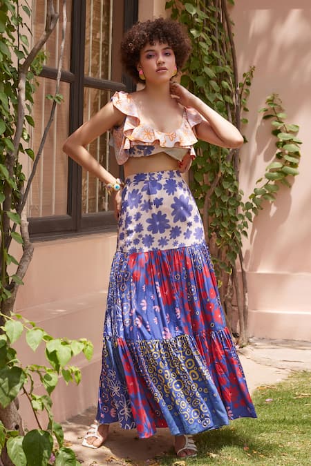 ZiP by Payal & Zinal Blue Cotton Print Floral Scoop Neck Ruffle Blouse With Hallelujah Skirt