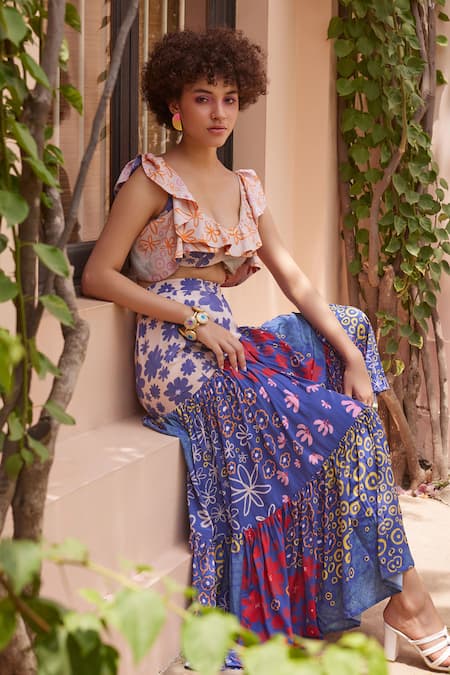 ZiP by Payal & Zinal_Blue Cotton Embroidery Scoop Ruffle Blouse With Hallelujah Floral Print Skirt _Online_at_Aza_Fashions