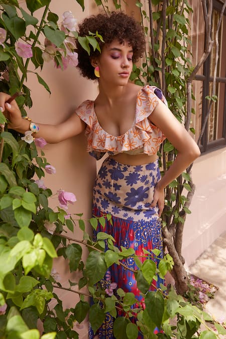 Buy_ZiP by Payal & Zinal_Blue Cotton Embroidery Scoop Ruffle Blouse With Hallelujah Floral Print Skirt _Online_at_Aza_Fashions