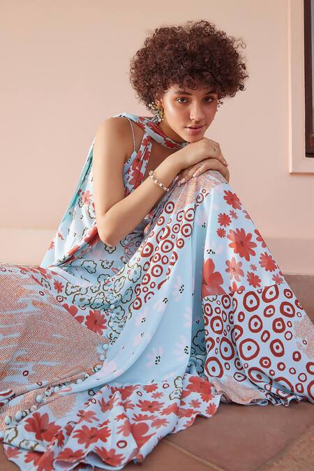 ZiP by Payal & Zinal_Blue Cotton V-neck Arctic Abstract Floral Print Dress _Online_at_Aza_Fashions