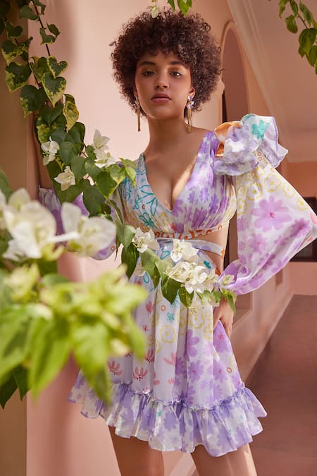 Buy_ZiP by Payal & Zinal_Blue Cotton V-neck Pheebs Floral Print Dress _Online_at_Aza_Fashions