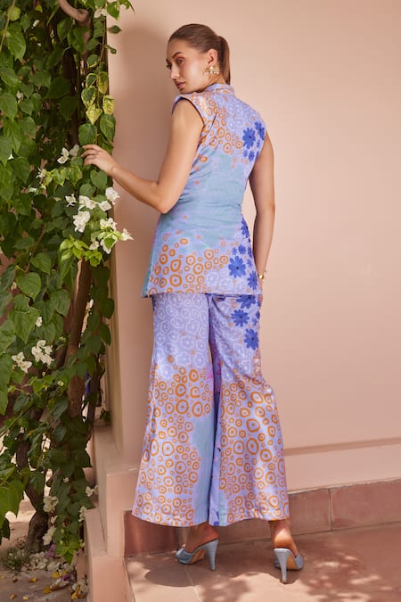 Shop_ZiP by Payal & Zinal_Purple Cotton Collared Iris Floral Print Top With Pant _at_Aza_Fashions