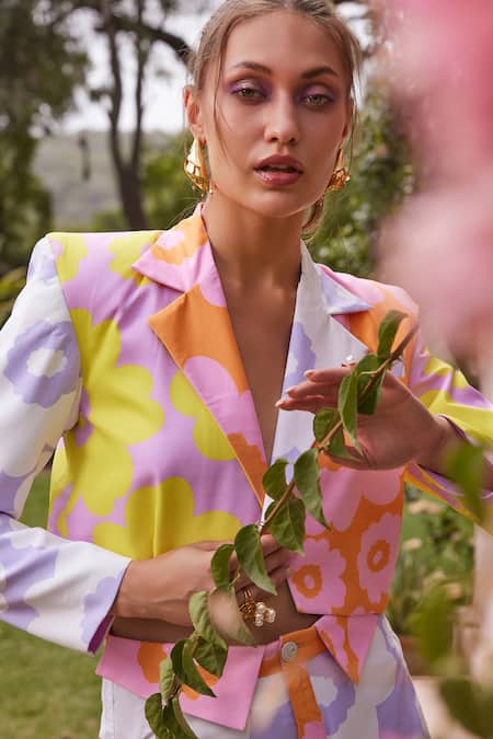 Buy_ZiP by Payal & Zinal_Yellow Twill, Cotton Embroidery Neon Baby Printed Blazer And Shorts Set _Online_at_Aza_Fashions