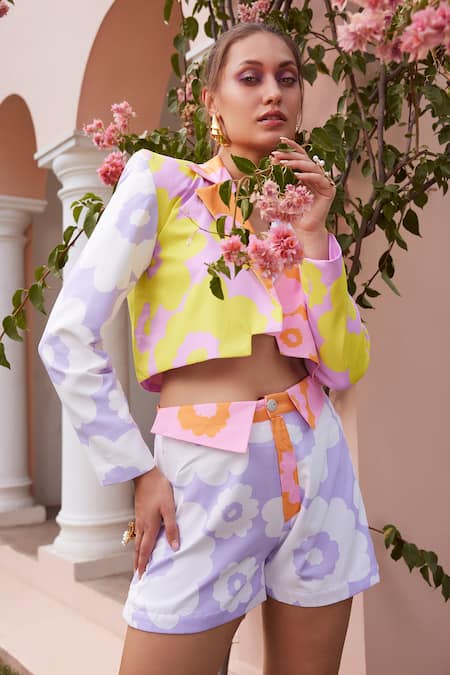 Shop_ZiP by Payal & Zinal_Yellow Twill, Cotton Embroidery Neon Baby Printed Blazer And Shorts Set _Online_at_Aza_Fashions