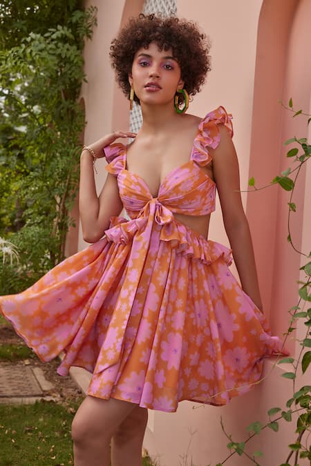 ZiP by Payal & Zinal Orange Cotton Printed Floral Sweetheart Neck Soda Dress