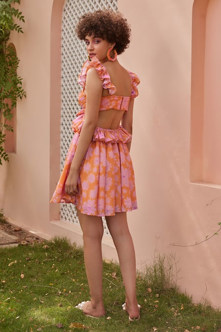 Shop_ZiP by Payal & Zinal_Orange Cotton Embroidery Sweetheart Neck Soda Floral Print Dress _at_Aza_Fashions