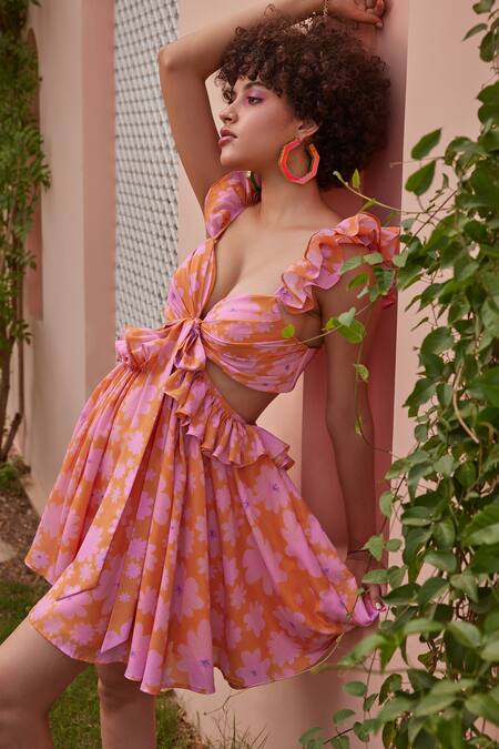 ZiP by Payal & Zinal_Orange Cotton Embroidery Sweetheart Neck Soda Floral Print Dress _Online_at_Aza_Fashions