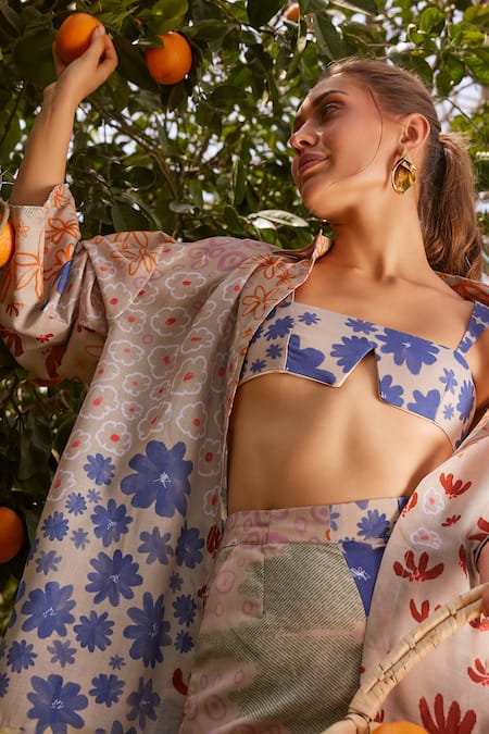 ZiP by Payal & Zinal_Blue Cotton Embroidery Collared, Square Neck Floral Printed Shirt And Pant Set _Online_at_Aza_Fashions