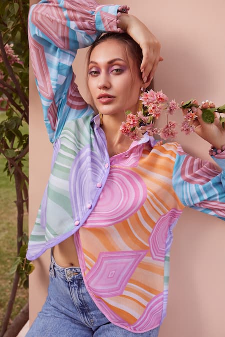 Shop_ZiP by Payal & Zinal_Pink Cotton Collared Popping Heart Print Shirt _at_Aza_Fashions