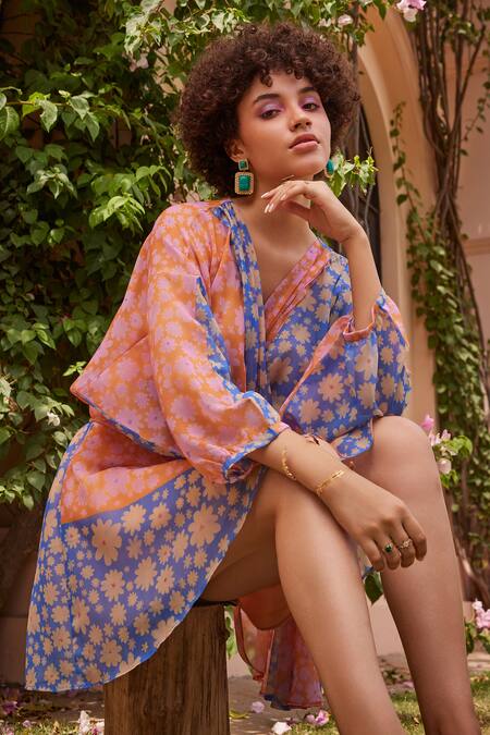 ZiP by Payal & Zinal_Blue Georgette V-neck Juliet Floral Print Dress _Online_at_Aza_Fashions