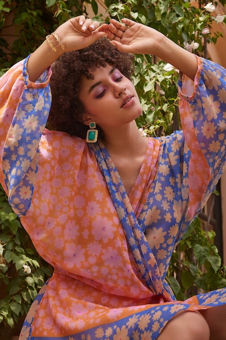 Buy_ZiP by Payal & Zinal_Blue Georgette V-neck Juliet Floral Print Dress _Online_at_Aza_Fashions