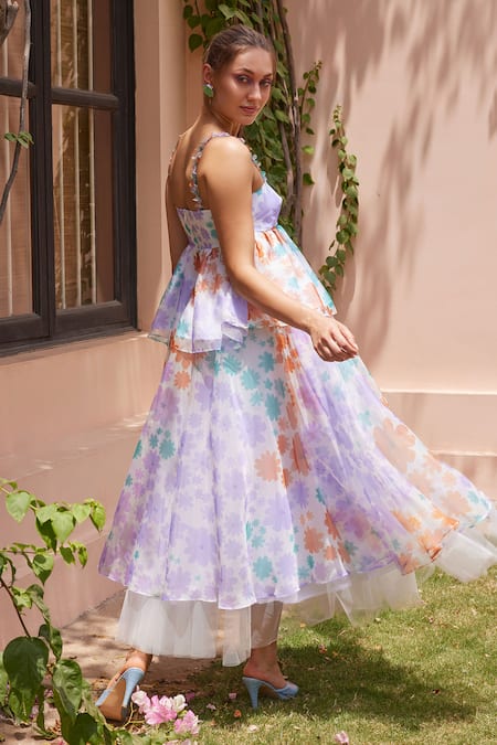 Shop_ZiP by Payal & Zinal_Blue Organza Square Neck Daisy Print Peplum Top And Skirt Set _at_Aza_Fashions