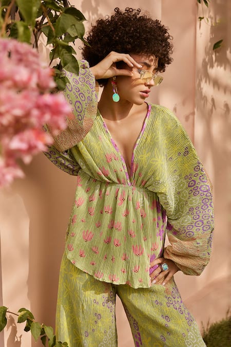 ZiP by Payal & Zinal_Green Satin Plunge Neck Kiwi Printed Kaftan And Pant Set _Online_at_Aza_Fashions