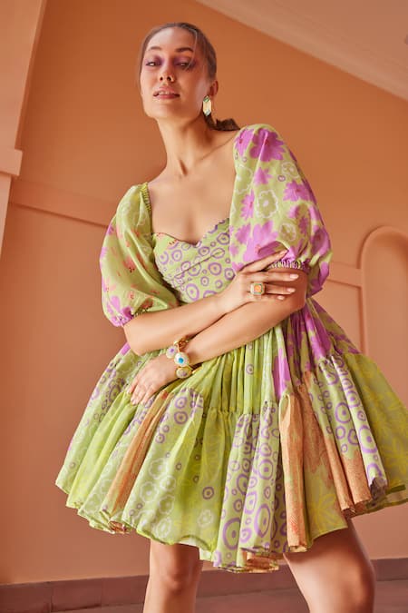 ZiP by Payal & Zinal_Green Cotton Embroidery Sweetheart Neck Bloom Print Dress _Online_at_Aza_Fashions