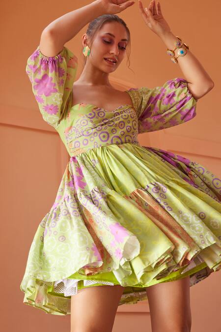 Buy_ZiP by Payal & Zinal_Green Cotton Embroidery Sweetheart Neck Bloom Print Dress _Online_at_Aza_Fashions