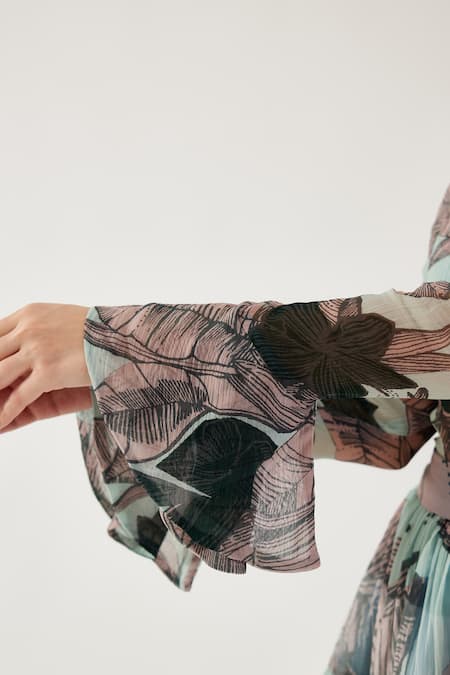 Koai_Multi Color Chiffon Round Neck Leaf Pattern Bell Sleeve Top _Online_at_Aza_Fashions