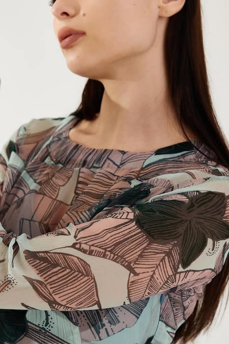 Shop_Koai_Multi Color Chiffon Round Neck Leaf Pattern Bell Sleeve Top _Online_at_Aza_Fashions