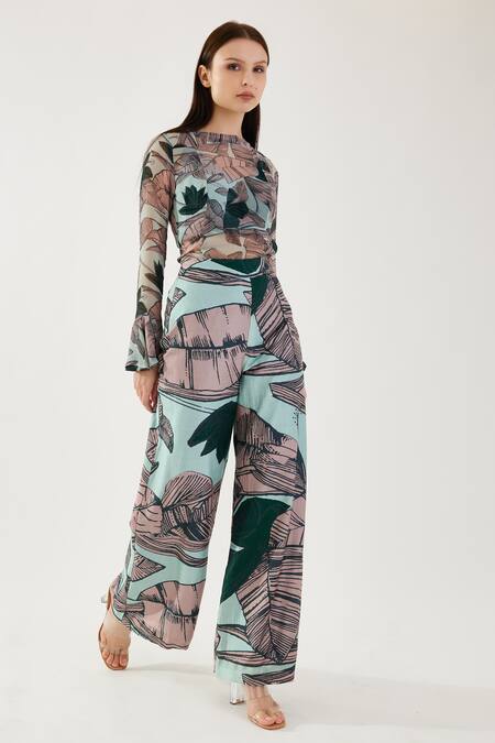 Buy_Koai_Multi Color Chiffon Round Neck Leaf Pattern Bell Sleeve Top 