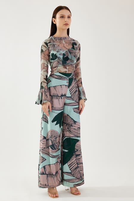 Shop_Koai_Multi Color Chiffon Round Neck Leaf Pattern Bell Sleeve Top 