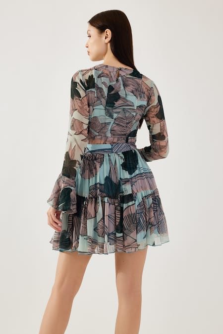 Shop Koai Multi Color Chiffon Leaf Pattern Tiered Skirt at Aza Fashions Shop_Koai_Multi Color Chiffon Leaf Pattern Tiered Skirt _at_Aza_Fashions