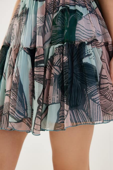 Koai Multi Color Chiffon Leaf Pattern Tiered Skirt Online at Aza Fashions Koai_Multi Color Chiffon Leaf Pattern Tiered Skirt _Online_at_Aza_Fashions