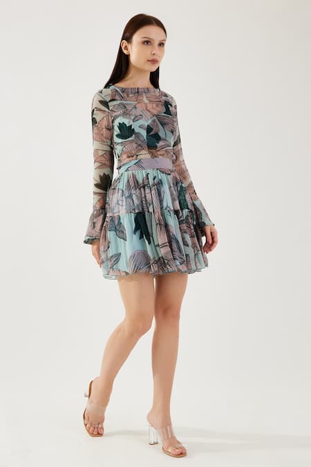 Shop Koai Multi Color Chiffon Leaf Pattern Tiered Skirt Online at Aza Fashions Shop_Koai_Multi Color Chiffon Leaf Pattern Tiered Skirt _Online_at_Aza_Fashions