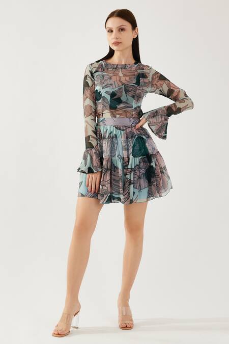 Koai Multi Color Chiffon Leaf Pattern Tiered Skirt at Aza Fashions Koai_Multi Color Chiffon Leaf Pattern Tiered Skirt _at_Aza_Fashions