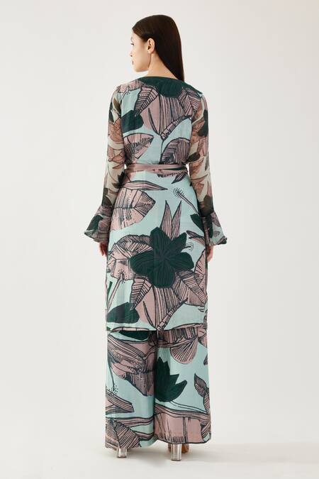 Shop Koai Multi Color Cotton, Silk Leaf Pattern Wide Legged Pant at Aza Fashions Shop_Koai_Multi Color Cotton, Silk Leaf Pattern Wide Legged Pant _at_Aza_Fashions