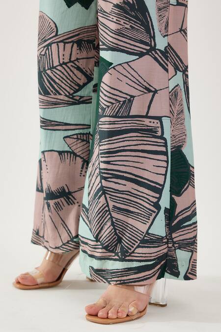 Koai Multi Color Cotton, Silk Leaf Pattern Wide Legged Pant Online at Aza Fashions Koai_Multi Color Cotton, Silk Leaf Pattern Wide Legged Pant _Online_at_Aza_Fashions