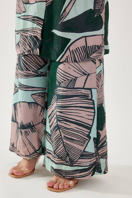 Koai Multi Color Cotton, Silk Leaf Pattern Wide Legged Pant at Aza Fashions Koai_Multi Color Cotton, Silk Leaf Pattern Wide Legged Pant _at_Aza_Fashions