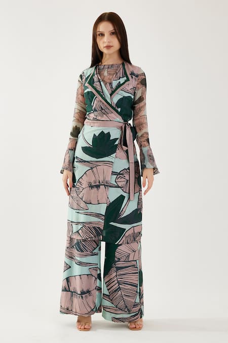 Koai Multi Color Cotton, Silk Collared Leaf Pattern Wrap Jacket