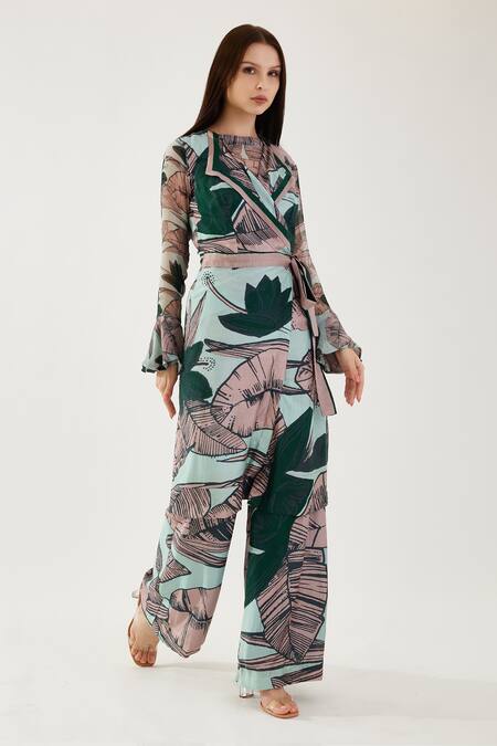 Shop Koai Multi Color Cotton, Silk Collared Leaf Pattern Wrap Jacket at Aza Fashions Shop_Koai_Multi Color Cotton, Silk Collared Leaf Pattern Wrap Jacket _at_Aza_Fashions