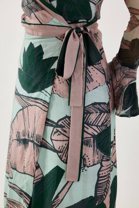 Koai Multi Color Cotton, Silk Collared Leaf Pattern Wrap Jacket at Aza Fashions Koai_Multi Color Cotton, Silk Collared Leaf Pattern Wrap Jacket _at_Aza_Fashions