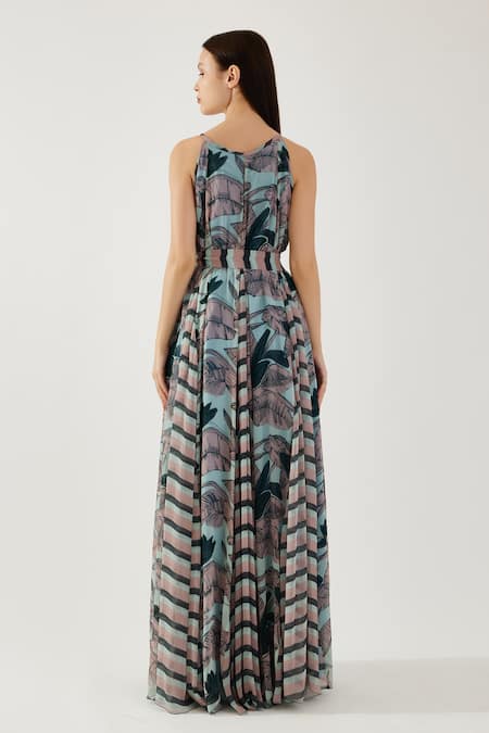 Shop Koai Multi Color Chiffon Round Neck Leaf And Stripe Pattern Godet Dress at Aza Fashions Shop_Koai_Multi Color Chiffon Round Neck Leaf And Stripe Pattern Godet Dress _at_Aza_Fashions