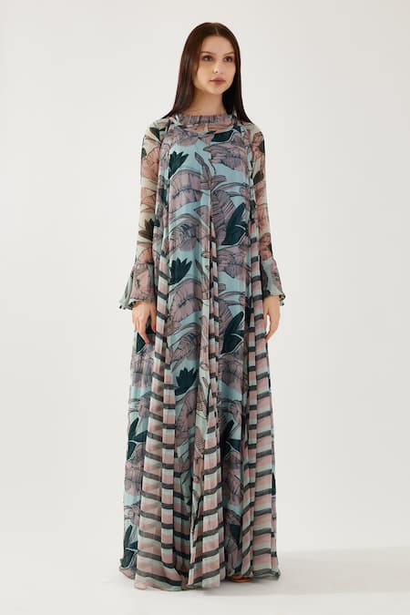 Koai Multi Color Chiffon Round Neck Leaf And Stripe Pattern Godet Dress Online at Aza Fashions Koai_Multi Color Chiffon Round Neck Leaf And Stripe Pattern Godet Dress _Online_at_Aza_Fashions