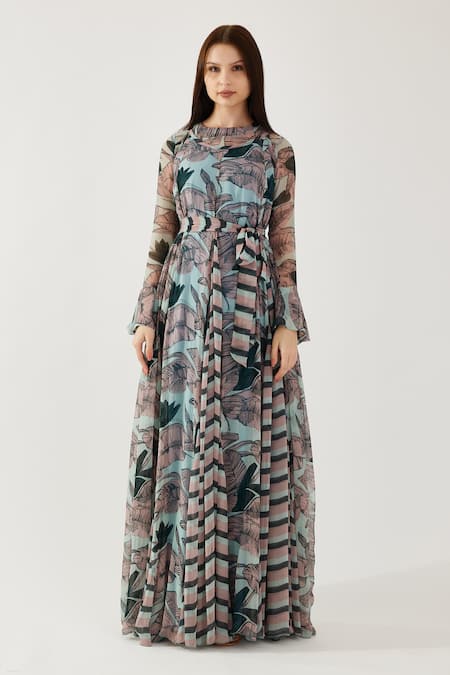 Buy Koai Multi Color Chiffon Round Neck Leaf And Stripe Pattern Godet Dress Online at Aza Fashions Buy_Koai_Multi Color Chiffon Round Neck Leaf And Stripe Pattern Godet Dress _Online_at_Aza_Fashions