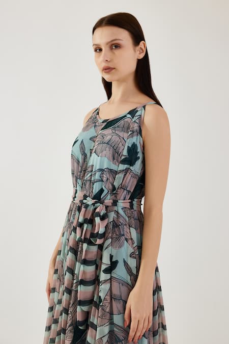 Shop Koai Multi Color Chiffon Round Neck Leaf And Stripe Pattern Godet Dress Online at Aza Fashions Shop_Koai_Multi Color Chiffon Round Neck Leaf And Stripe Pattern Godet Dress _Online_at_Aza_Fashions