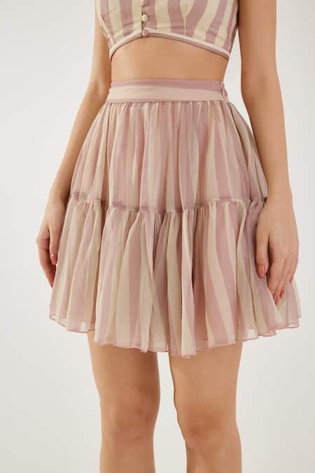 Koai_Pink Chiffon Stripe Pattern Tiered Skirt _Online_at_Aza_Fashions