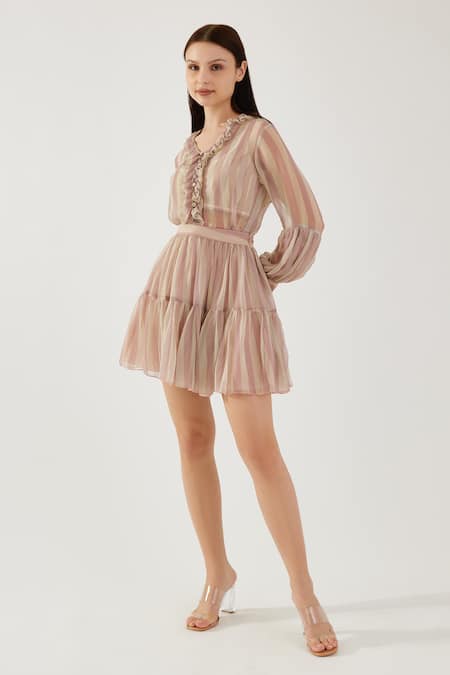 Buy_Koai_Pink Chiffon Stripe Pattern Tiered Skirt _Online_at_Aza_Fashions