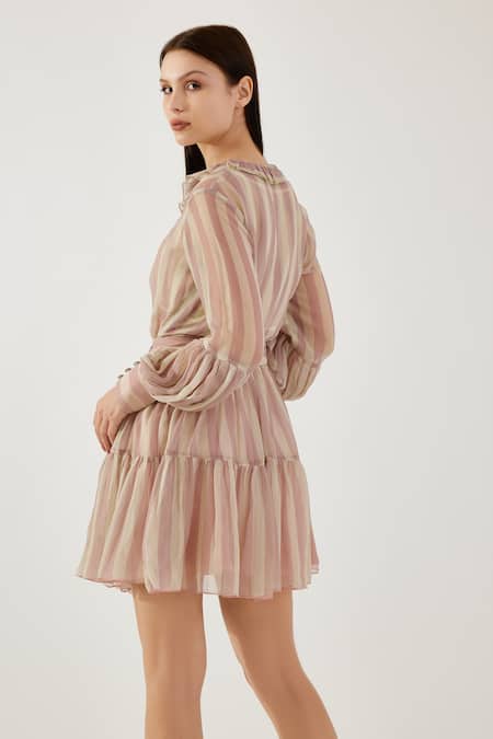Shop Koai Pink Chiffon Ruffles V-neck Stripe Pattern Bishop Sleeve Top at Aza Fashions Shop_Koai_Pink Chiffon Ruffles V-neck Stripe Pattern Bishop Sleeve Top _at_Aza_Fashions