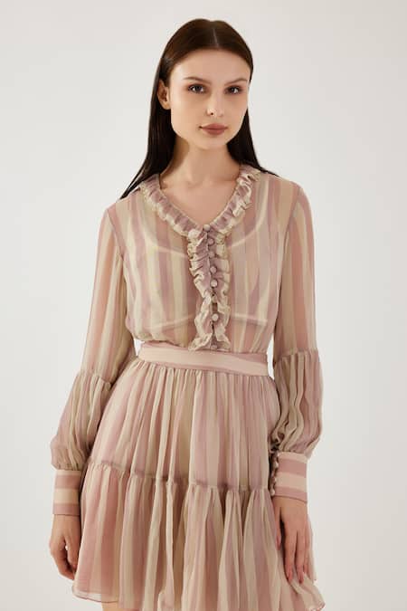 Koai Pink Chiffon Ruffles V-neck Stripe Pattern Bishop Sleeve Top Online at Aza Fashions Koai_Pink Chiffon Ruffles V-neck Stripe Pattern Bishop Sleeve Top _Online_at_Aza_Fashions