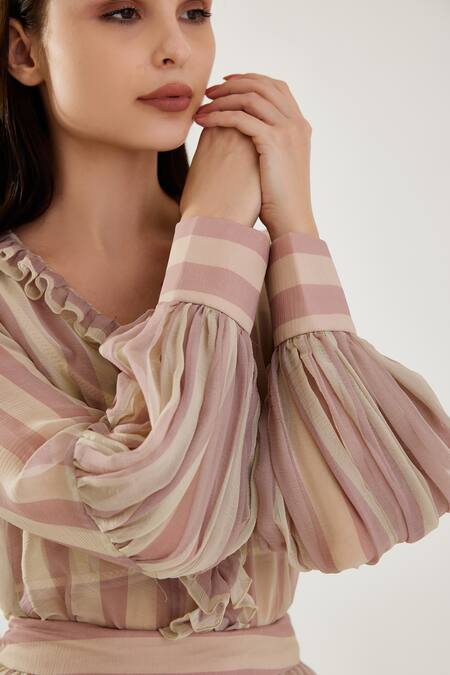 Buy Koai Pink Chiffon Ruffles V-neck Stripe Pattern Bishop Sleeve Top Online at Aza Fashions Buy_Koai_Pink Chiffon Ruffles V-neck Stripe Pattern Bishop Sleeve Top _Online_at_Aza_Fashions