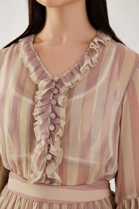 Shop Koai Pink Chiffon Ruffles V-neck Stripe Pattern Bishop Sleeve Top Online at Aza Fashions Shop_Koai_Pink Chiffon Ruffles V-neck Stripe Pattern Bishop Sleeve Top _Online_at_Aza_Fashions