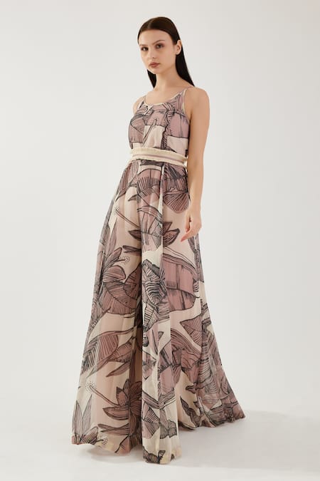 Koai_Pink Chiffon Fringe Round Neck Floral Pattern Flared Jumpsuit _Online_at_Aza_Fashions