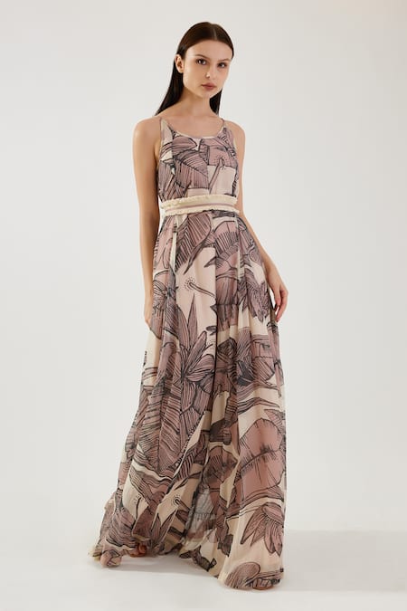 Buy_Koai_Pink Chiffon Fringe Round Neck Floral Pattern Flared Jumpsuit _Online_at_Aza_Fashions