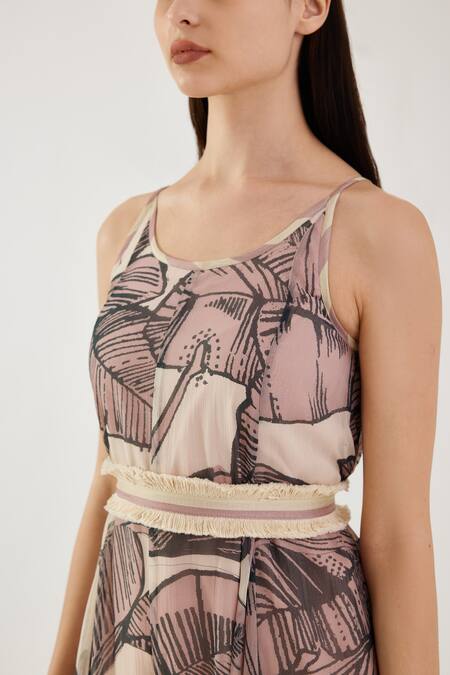 Koai_Pink Chiffon Fringe Round Neck Floral Pattern Flared Jumpsuit _at_Aza_Fashions